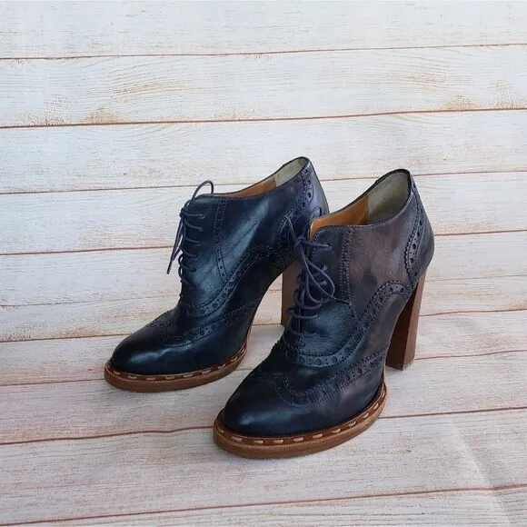 Paul Smith Brogue Leather Lace Up Boots Booties Ankle Heels Navy Blue Women's 40