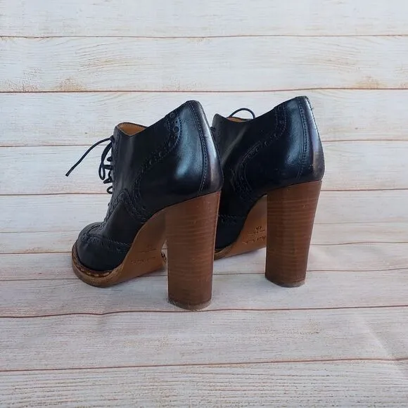 Paul Smith Brogue Leather Lace Up Boots Booties Ankle Heels Navy Blue Women's 40