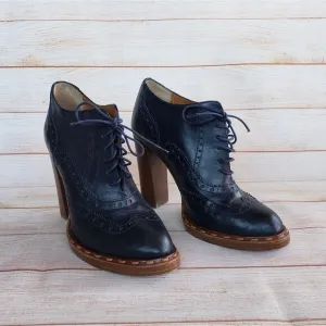 Paul Smith Brogue Leather Lace Up Boots Booties Ankle Heels Navy Blue Women's 40