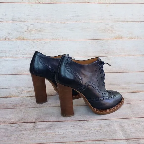 Paul Smith Brogue Leather Lace Up Boots Booties Ankle Heels Navy Blue Women's 40