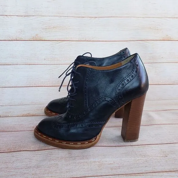 Paul Smith Brogue Leather Lace Up Boots Booties Ankle Heels Navy Blue Women's 40