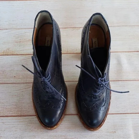 Paul Smith Brogue Leather Lace Up Boots Booties Ankle Heels Navy Blue Women's 40
