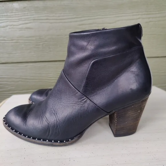 Paul Green Stella Black Leather Ankle Studded Booties Heel Boots UK 6 US 8.5