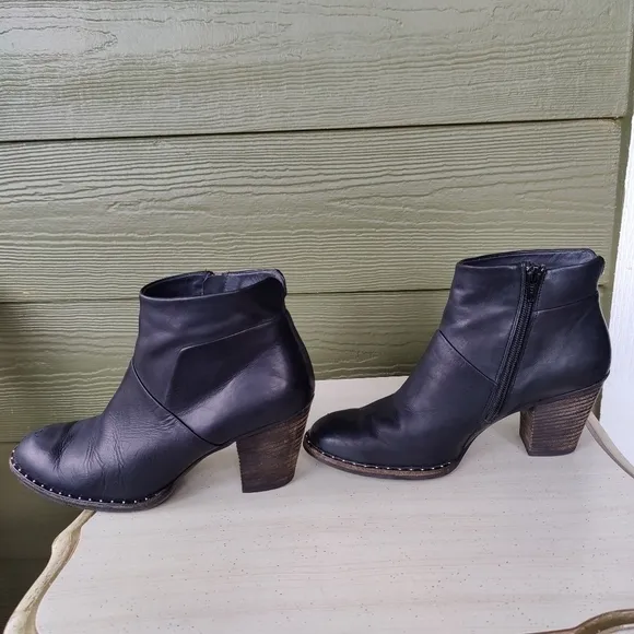 Paul Green Stella Black Leather Ankle Studded Booties Heel Boots UK 6 US 8.5