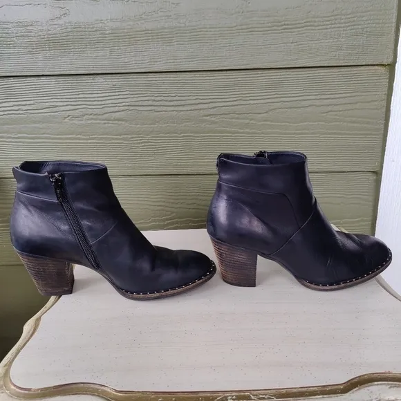 Paul Green Stella Black Leather Ankle Studded Booties Heel Boots UK 6 US 8.5