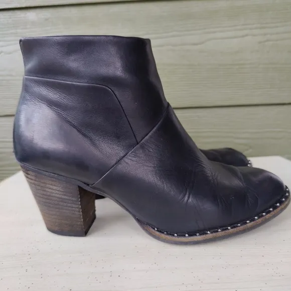 Paul Green Stella Black Leather Ankle Studded Booties Heel Boots UK 6 US 8.5