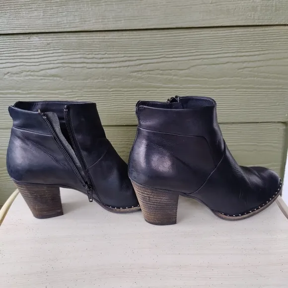 Paul Green Stella Black Leather Ankle Studded Booties Heel Boots UK 6 US 8.5