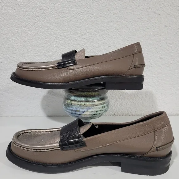 PEDRO GARCIA STINA CLASSIC PENNY LOAFER FOSSIL METALLIC BLACK, EU38/US 8, New