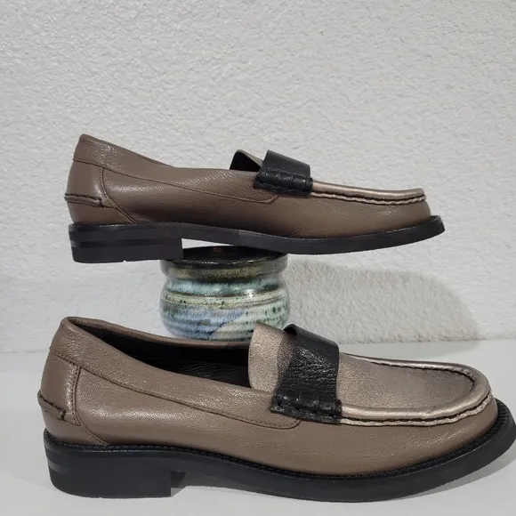 PEDRO GARCIA STINA CLASSIC PENNY LOAFER FOSSIL METALLIC BLACK, EU38/US 8, New