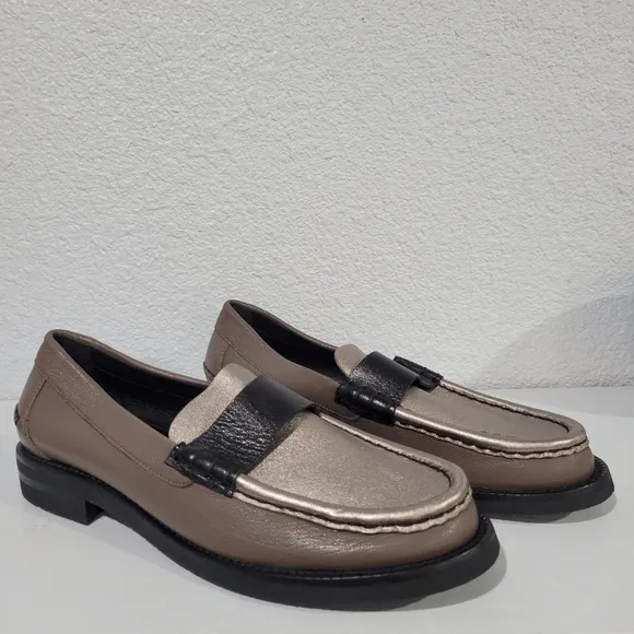 PEDRO GARCIA STINA CLASSIC PENNY LOAFER FOSSIL METALLIC BLACK, EU38/US 8, New