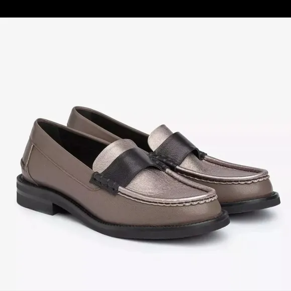 PEDRO GARCIA STINA CLASSIC PENNY LOAFER FOSSIL METALLIC BLACK, EU38/US 8, New