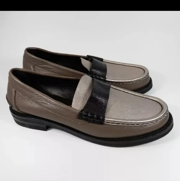 PEDRO GARCIA STINA CLASSIC PENNY LOAFER FOSSIL METALLIC BLACK, EU38/US 8, New