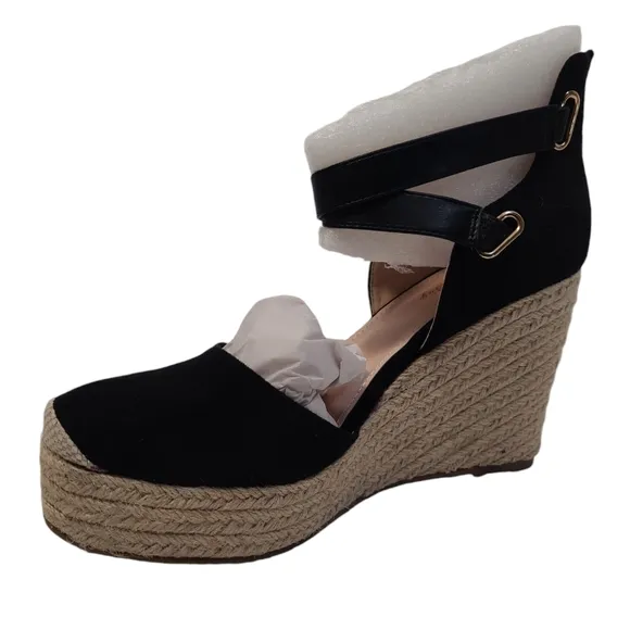PiePieBuy Women’s Wedge Espadrille Ankle Strap Closed Cap Toe Black Platform 9.5