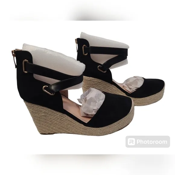 PiePieBuy Women’s Wedge Espadrille Ankle Strap Closed Cap Toe Black Platform 9.5
