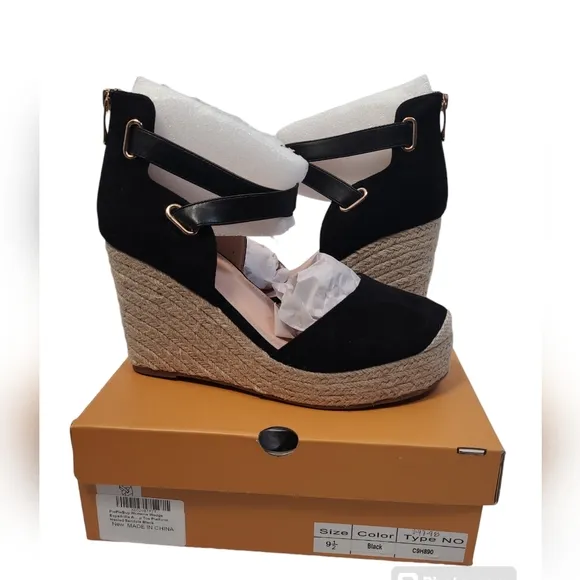 PiePieBuy Women’s Wedge Espadrille Ankle Strap Closed Cap Toe Black Platform 9.5