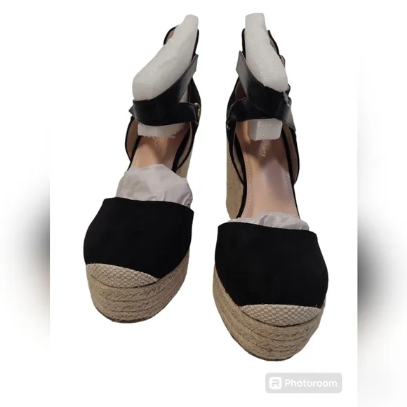 PiePieBuy Women’s Wedge Espadrille Ankle Strap Closed Cap Toe Black Platform 9.5