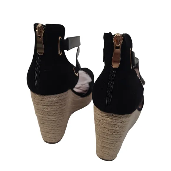 PiePieBuy Women’s Wedge Espadrille Ankle Strap Closed Cap Toe Black Platform 9.5