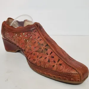 Pikolinos Spain brown leather punched floral whip stitch mule clog shoes 7.5