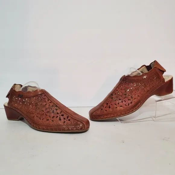 Pikolinos Spain brown leather punched floral whip stitch mule clog shoes 7.5