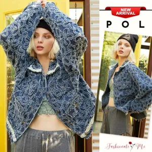 POL Flower Textured Raw Hem Long Sleeves Buttoned Chest Pocket Dark Denim Jacket