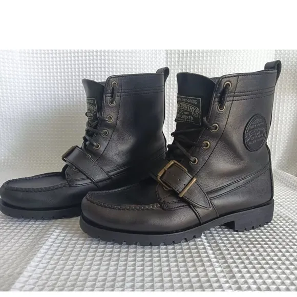 Polo Ralph Lauren Ranger Buckle Ankle Boots Mens Size 8 1/2 grey Leather LaceUp