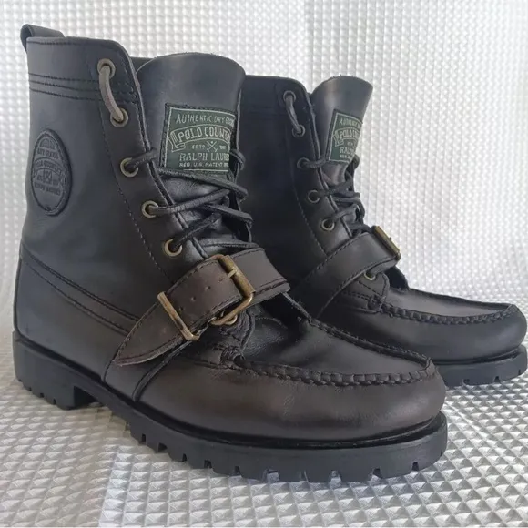 Polo Ralph Lauren Ranger Buckle Ankle Boots Mens Size 8 1/2 grey Leather LaceUp