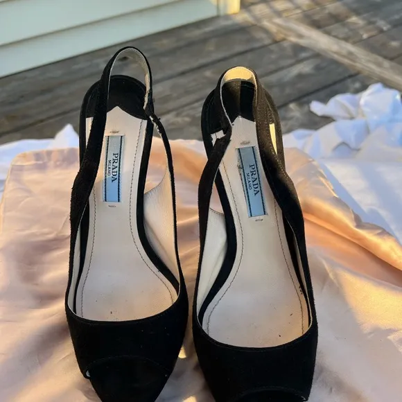 Prada Black Slingback Peep Toe Heels size 36 CAMOSCIO BASIC