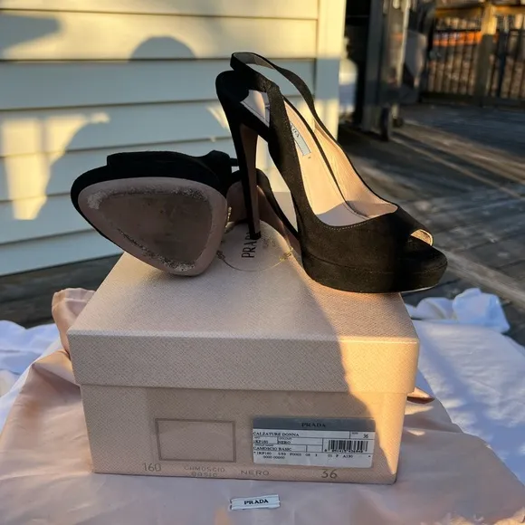 Prada Black Slingback Peep Toe Heels size 36 CAMOSCIO BASIC