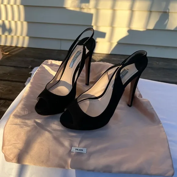Prada Black Slingback Peep Toe Heels size 36 CAMOSCIO BASIC