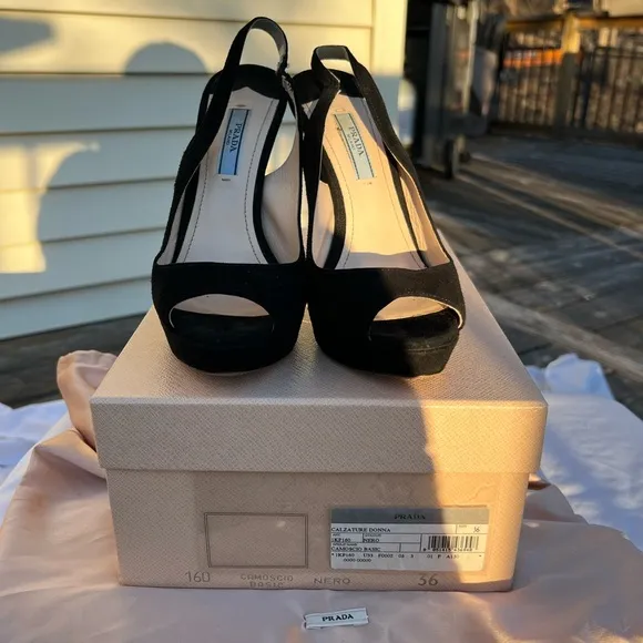 Prada Black Slingback Peep Toe Heels size 36 CAMOSCIO BASIC