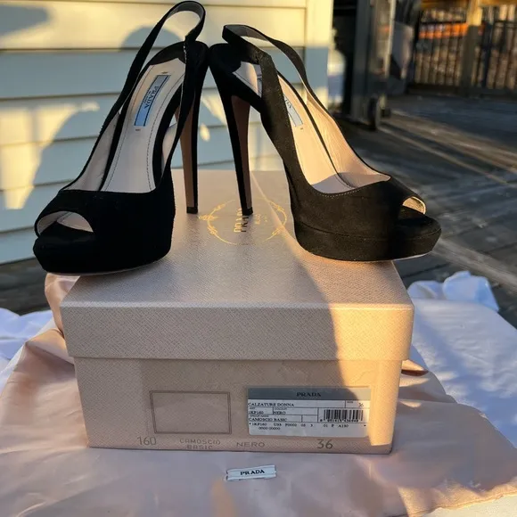 Prada Black Slingback Peep Toe Heels size 36 CAMOSCIO BASIC
