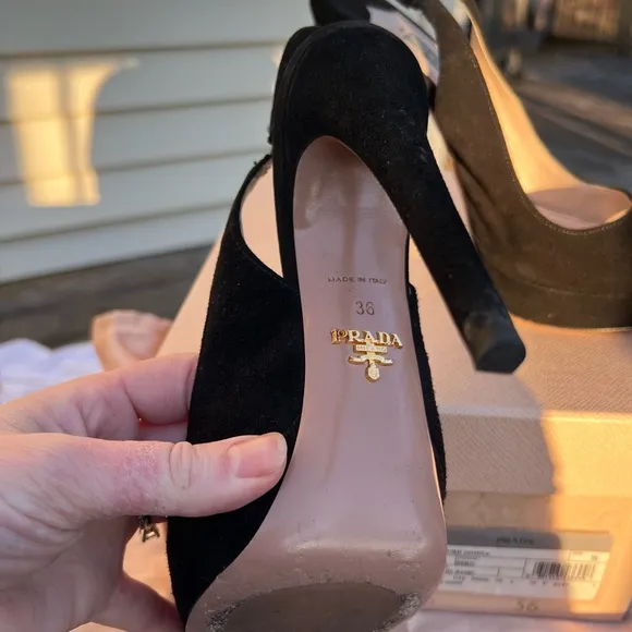 Prada Black Slingback Peep Toe Heels size 36 CAMOSCIO BASIC