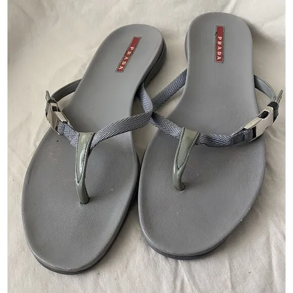 PRADA Logo Silver Grey Leather Flip Flops Sandals Slides Sz 38 US 7.5 Women’s