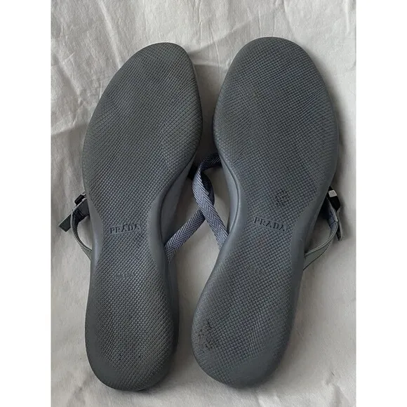 PRADA Logo Silver Grey Leather Flip Flops Sandals Slides Sz 38 US 7.5 Women’s