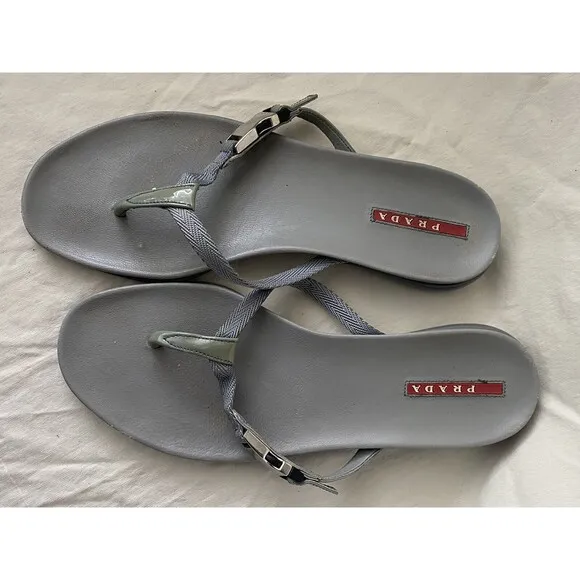 PRADA Logo Silver Grey Leather Flip Flops Sandals Slides Sz 38 US 7.5 Women’s