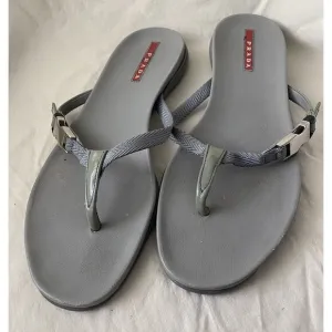 PRADA Logo Silver Grey Leather Flip Flops Sandals Slides Sz 38 US 7.5 Women’s