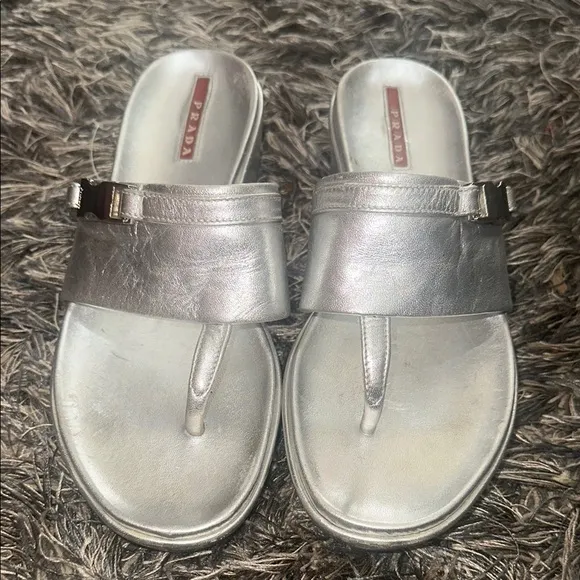 Prada Silver Leather Sandals Sleek Minimalist Design EU 37