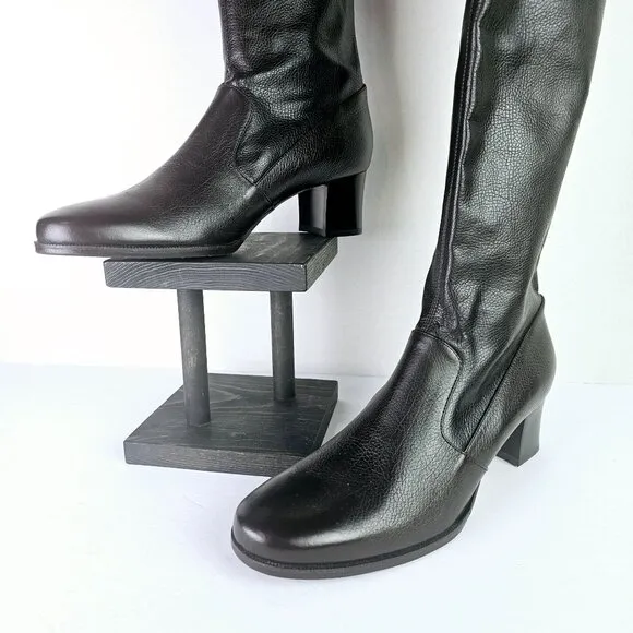 Prevata Tall Brown Nappa Leather Block Heel Pull-on Boot, Italy, $485 MSRP, Sz 9