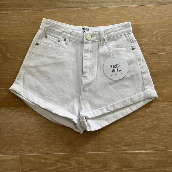 Princess Polly Gun Barrel City High Waisted Denim Shorts White Size 2 NWT