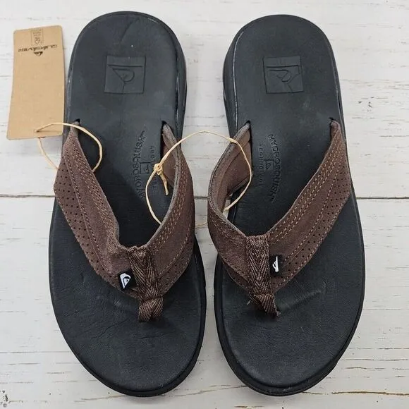 Quiksilver Captain Hydrosquish Mens 8 Brown Black‎ Leather Flip Flops Sandals
