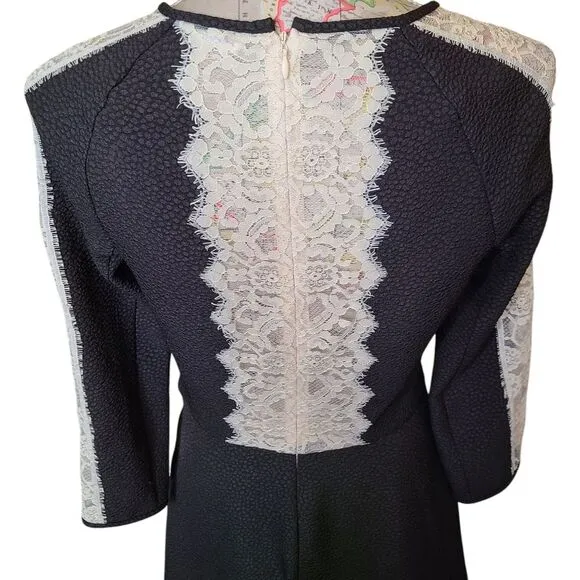 RACHEL ROY Size 8 Black Textured Fit and Flare Mini Dress Sheer Cream Lace Trim