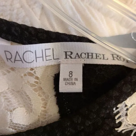 RACHEL ROY Size 8 Black Textured Fit and Flare Mini Dress Sheer Cream Lace Trim