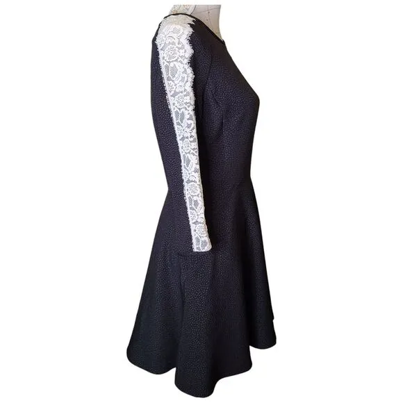 RACHEL ROY Size 8 Black Textured Fit and Flare Mini Dress Sheer Cream Lace Trim