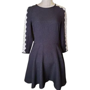 RACHEL ROY Size 8 Black Textured Fit and Flare Mini Dress Sheer Cream Lace Trim