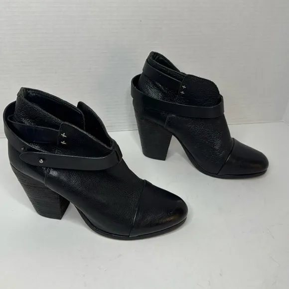 RAG &amp; BONE Women's Harrow Boot Black Leather Strap Detail 3&quot; Heel Euro 38 US 8
