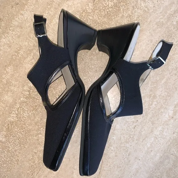 RANGONI black sling backs, fabric with leather trim, 2.5” heel 6.5 EUC