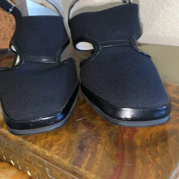RANGONI black sling backs, fabric with leather trim, 2.5” heel 6.5 EUC