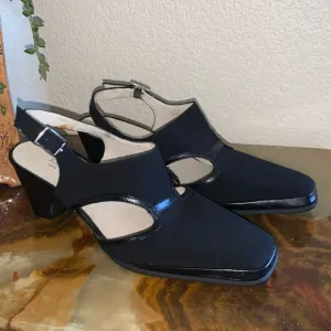 RANGONI black sling backs, fabric with leather trim, 2.5” heel 6.5 EUC