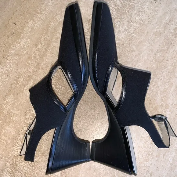 RANGONI black sling backs, fabric with leather trim, 2.5” heel 6.5 EUC