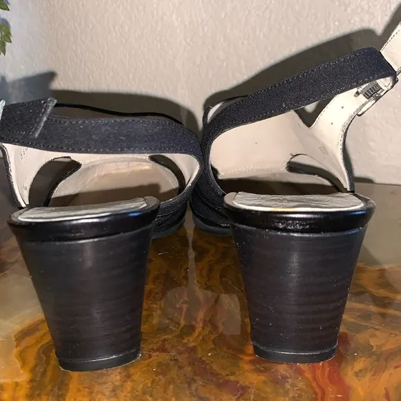 RANGONI black sling backs, fabric with leather trim, 2.5” heel 6.5 EUC